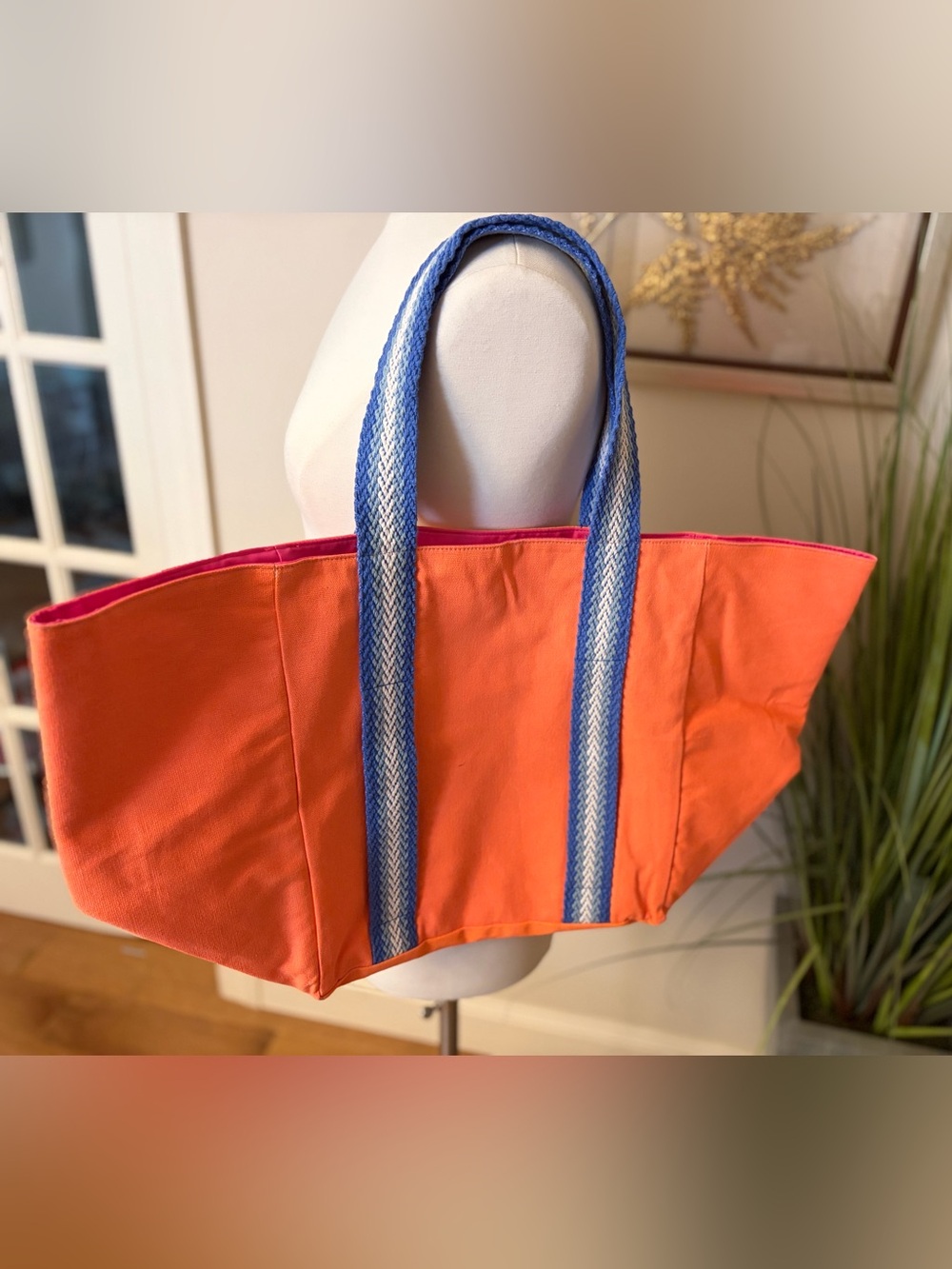 Canvas Beach Tote in Orange with Blue Straps - Unbranded